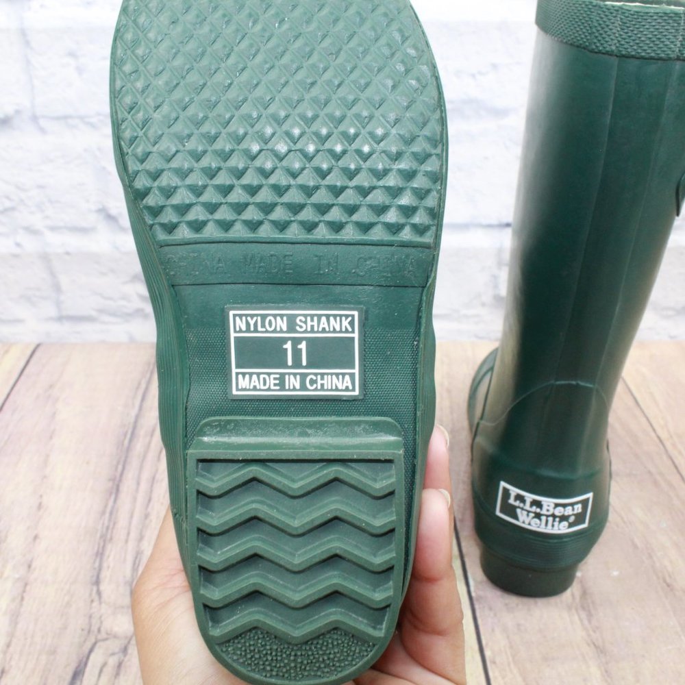 LL BEAN Wellie Green Rubber Nylon Pull On Tall Rain Boots Size 11 - Picture 8 of 9